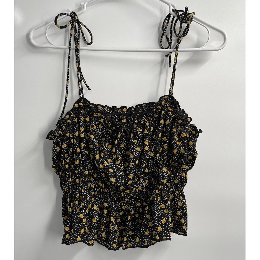 Zaful Black Yellow Floral Polka Dot Smocked Tie Shoulder Crop Top Camisole Small